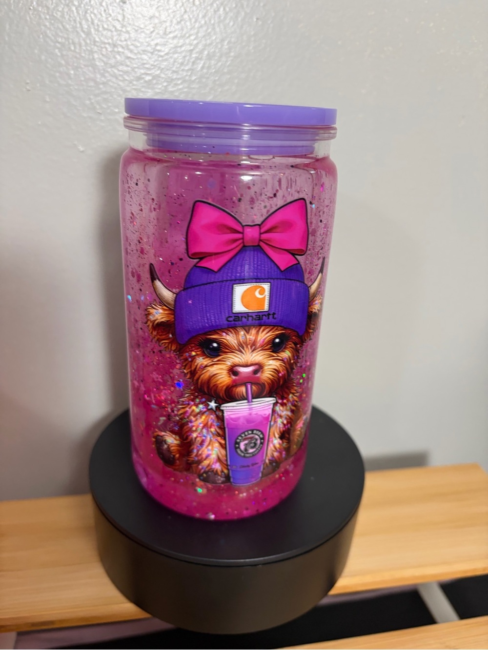 Carhartt Pink Glitter Lava 7Brew with Purple Lid and Pup Graphic